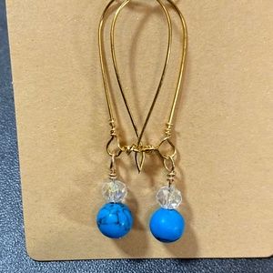 Large Gold Tone Oval Hoop Earrings with Turqoise Colored Beads